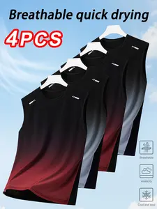 Set of 4 – Men’s summer breathable quick-dry sleeveless tank tops with stylish prints, gradient reflective design, crew neck, suitable for sports, running, and outdoor wear
