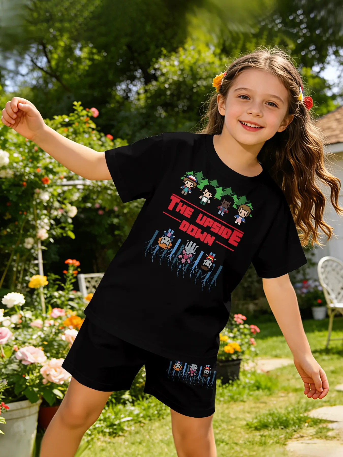 Pixel Stranger Things Set Digital Printing Set, a sweet and lovely casual outfit, suitable for daily and outdoor sports as a T-shirt and shorts set, a perfect gift for girls