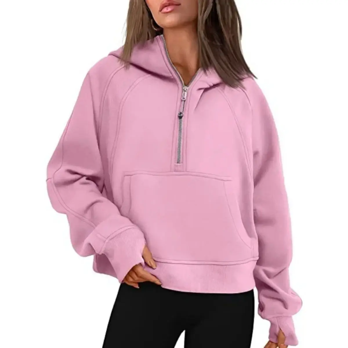 Women's TRNDY LAB Oversized Scuba Half-Zip Hoodie - Long Sleeve, Waist-Length, Soft, Casual, Fitted Winter Top for Leisure, Yoga, Tops, Lightweight, Sweatshirt, Fabric