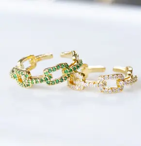 Adjustable Chain Link CZ Ring – 18K Gold Plated Statement Ring | White or Green Stones