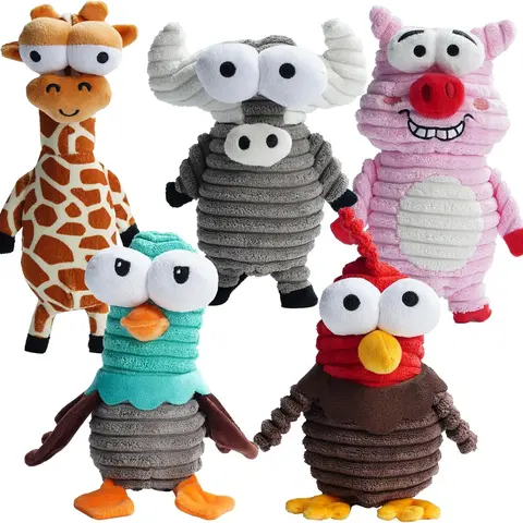 Nocciola 5-Piece Polyester Blend Fabric Animal Print Barnyard Dog Plush Toys, Interactive Chew, Built-in Squeaker, Durable Cartoon Design, Dental Health Boost, for Small to Large Dogs, Christmas Gift,familyfun