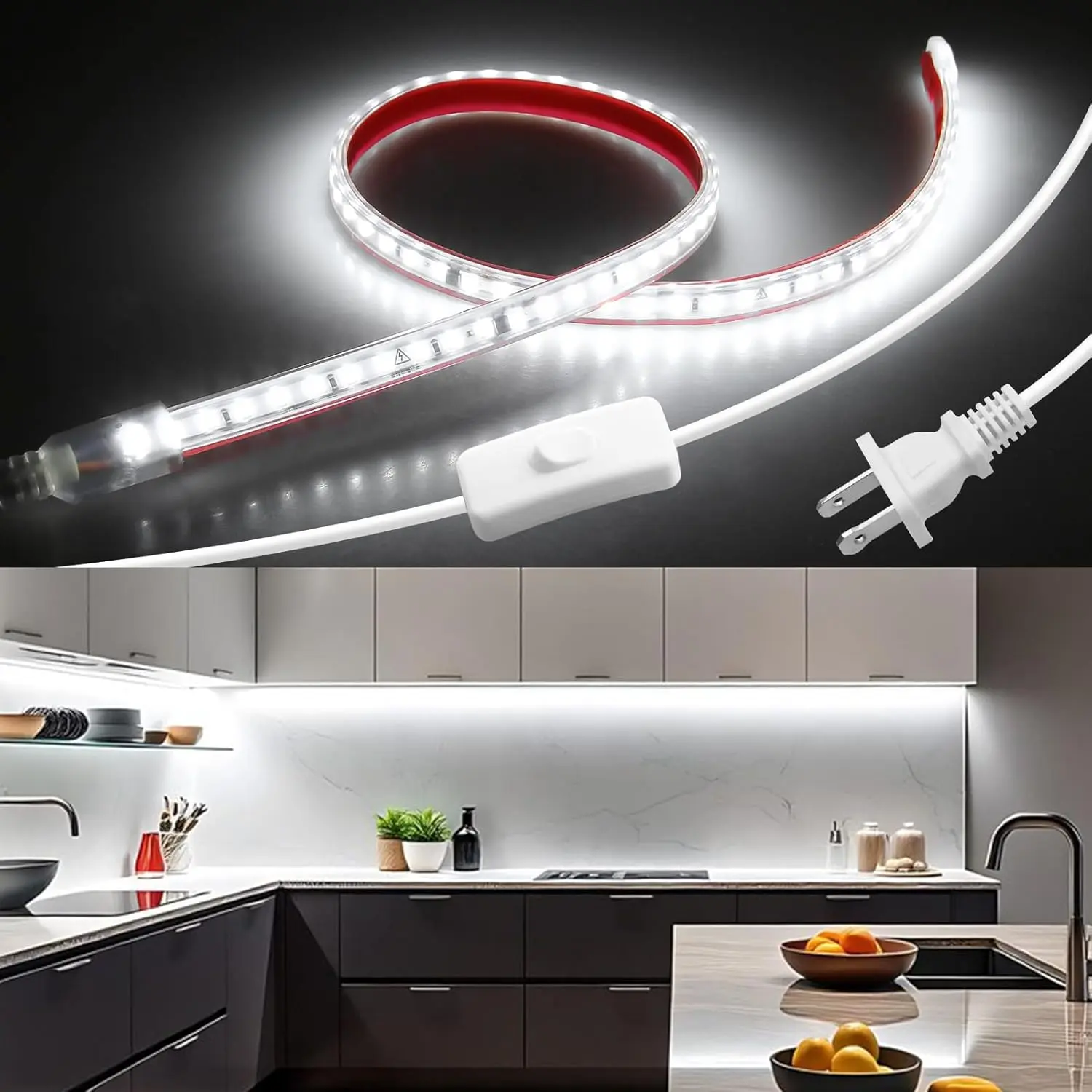 Chunting 24in LED Under Cabinet Light Strip - Plug-in, Self-Adhesive, Waterproof, AC Power Supply, 110V, 120LED/M Daylight White, Flexible Tape, Free to Bend Shape with Switch, Easy-Install Home Improvement Lighting for Kitchen Counter, Led Strip Lights