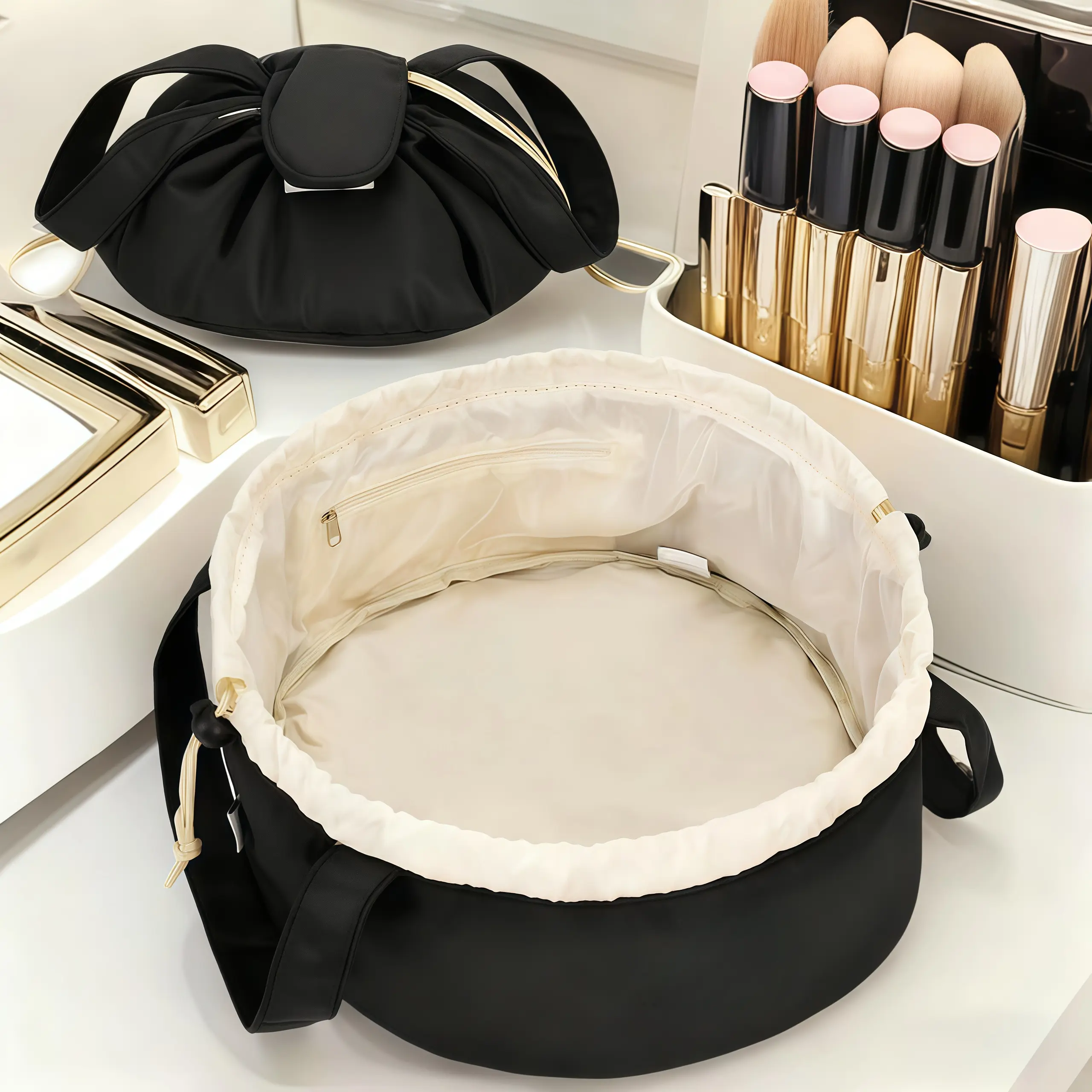 Drawstring Cosmetic Bag for Women, Waterproof Large Capacity Lazy Pouch, Stylish Makeup Organizer for Travel & Home, Cosmetic Bags, Built-In Organizer Make-Up Bags