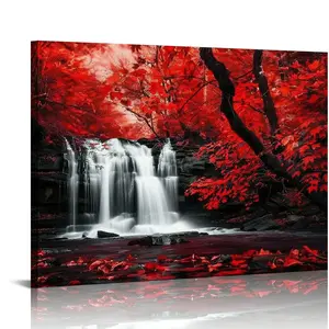 Black White and Red Wall Art Red Tree Waterfall Picture Canvas Landscape Print Artwork for Living Room Autumn Red Forest Water Wall Decor Painting Framed Ready to Hang