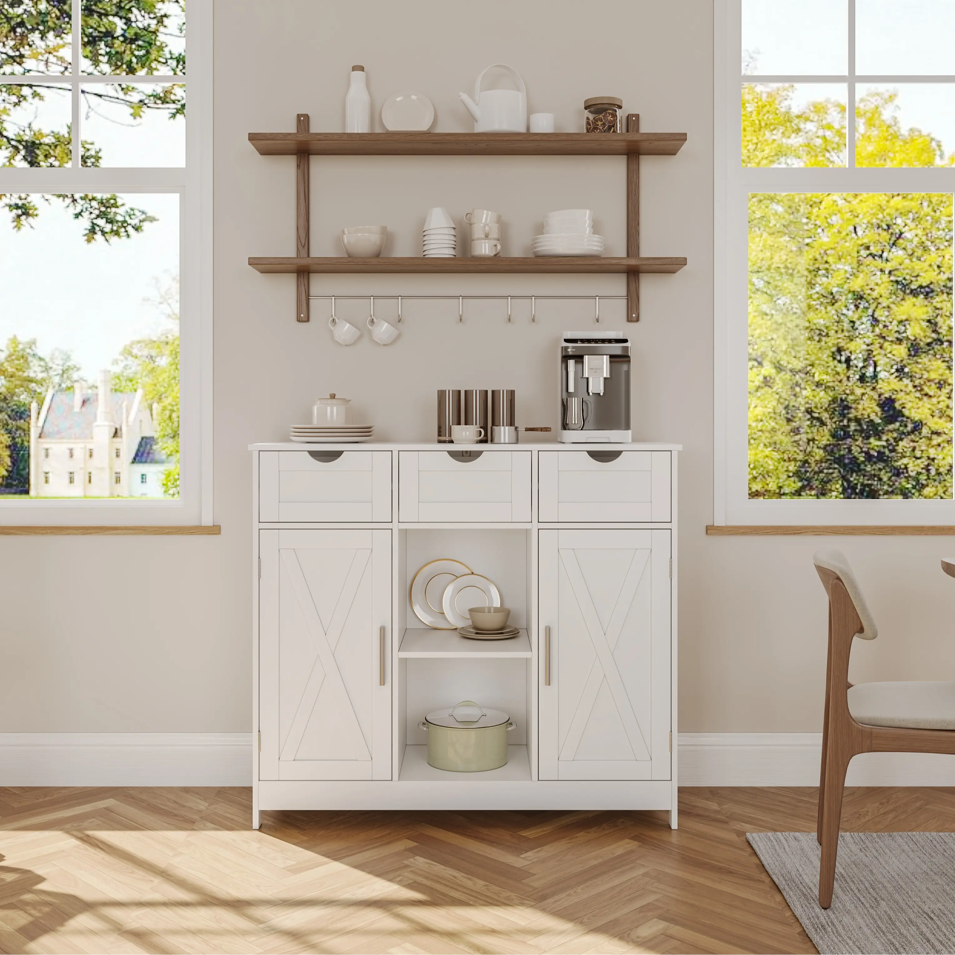 Wooden Modern Storage Cabinet - 2 Adjustable Shelves, 3 Drawers, 2 Doors, Minimalist Sideboard for Kitchen, Living Room, Wooden Storage Cabinet