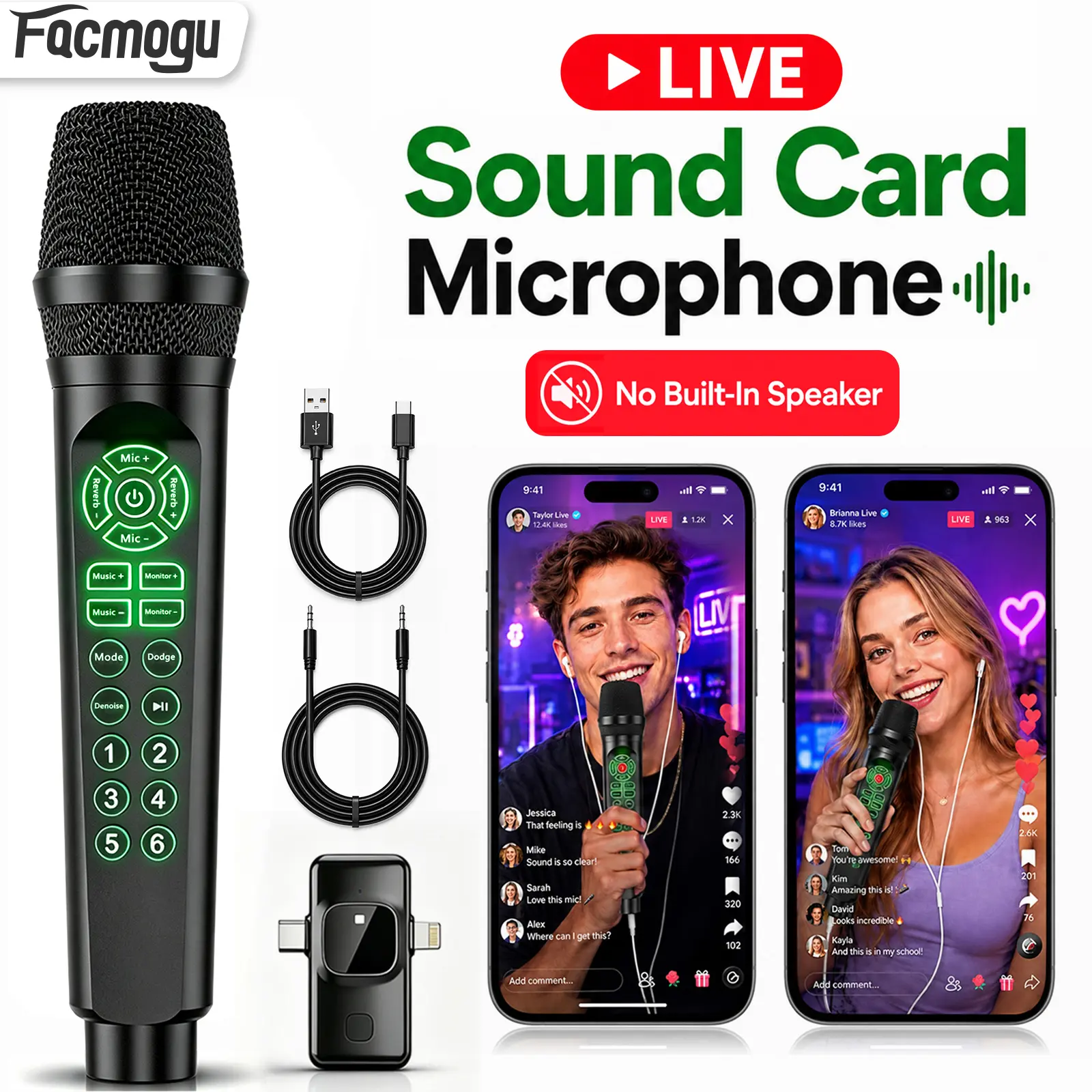 [Facmogu] Wired Live-Streaming Sound Card Microphone with Charging Cable, USB-C/Lightning Receiver, Headphone Monitoring, Reverb, Denoise, Voice Effects, Bluetooth BGM Support for Phone & USB-C PC - No Built-In Speaker, Ideal for Recording Audios