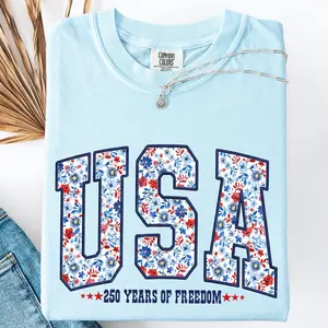 USA, Patriotic Floral, 250 Years of Freedom, Varsity, America Comfort Colors T-Shirt, Women's Comfort Colors Tee