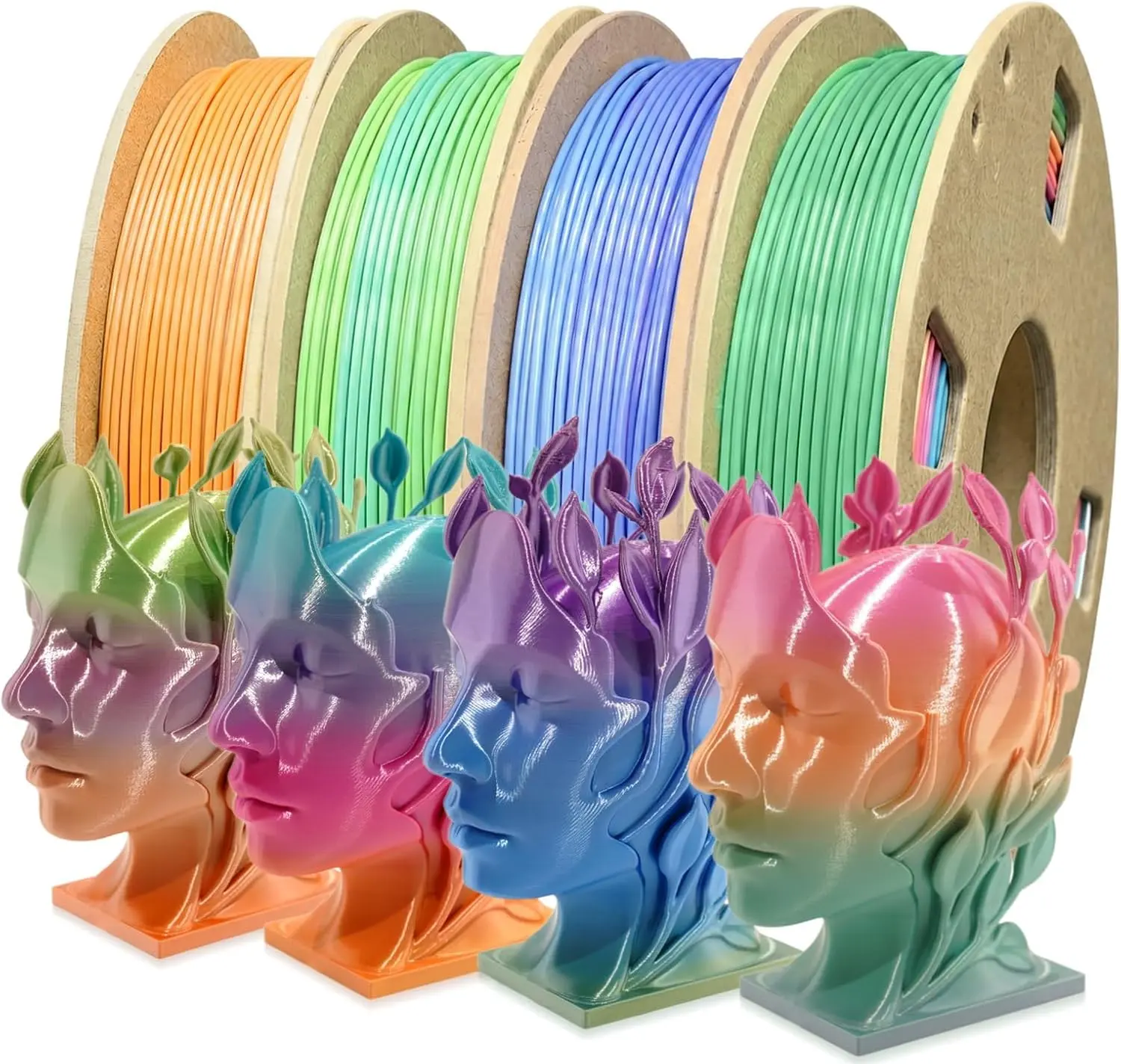 Glow in The Dark PLA+3D Printer Filament, PLA+Filament 1.75 mm, Stronger Lighting Effect, Glow Filament Multicolor for Most 3D Printers, 4 Spools 250g Each - Green, Blue, Blue-Green, Rainbow
