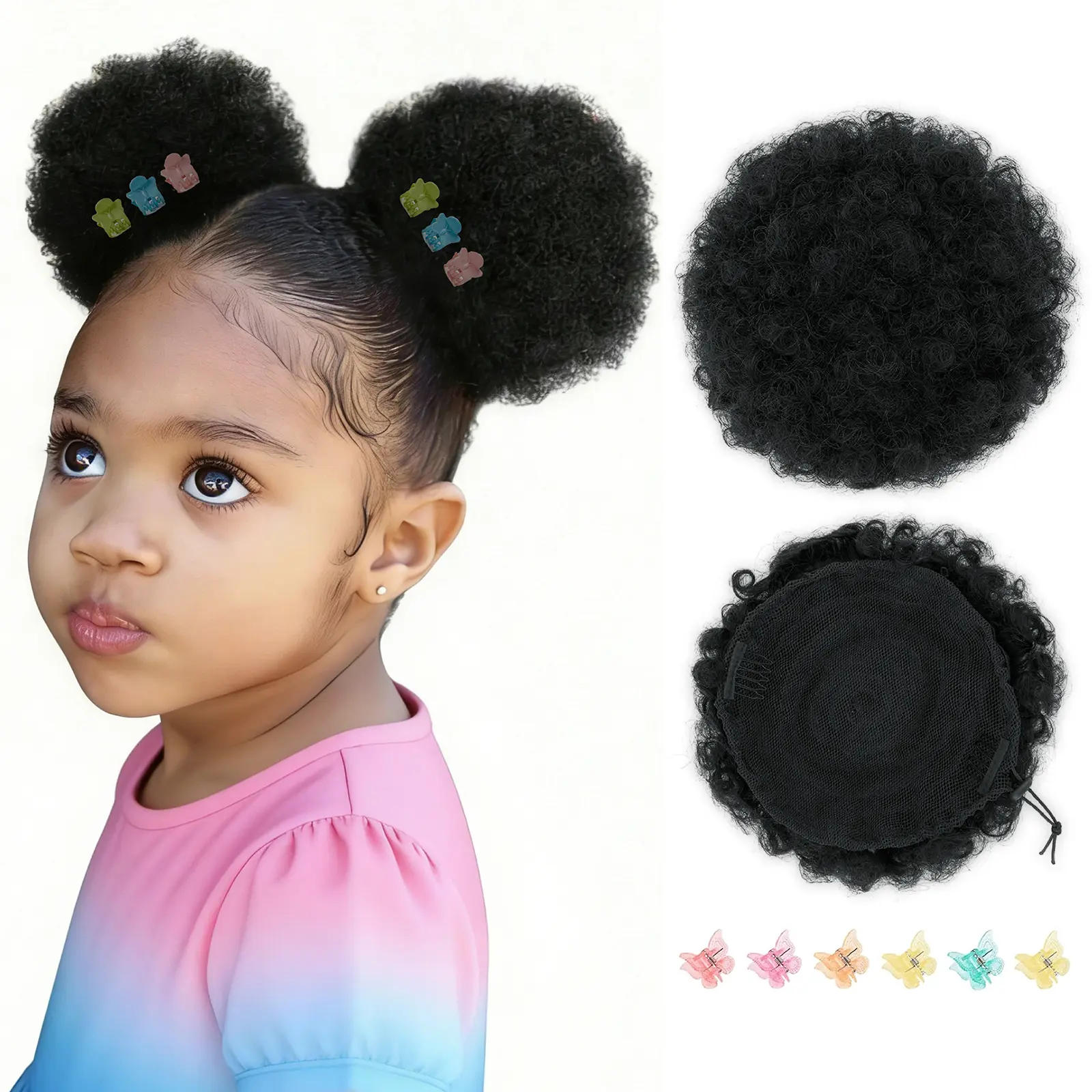 100% Human Hair Glueless Afro Puff Drawstring Ponytail, 4 Inches Kinky Curly Bun Extension with Built-In Net for African Black Women - 1B Natural Black Small Size, 2 Pieces for Everyday Hairstyles, Ponytails