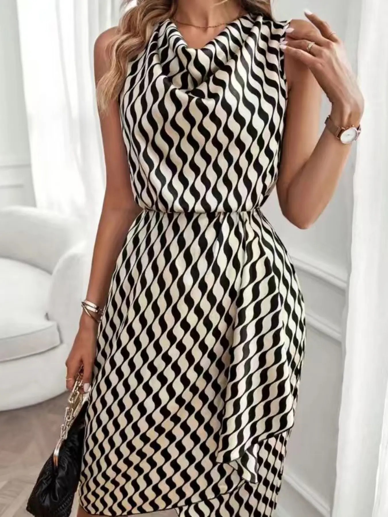 Elegant Fashion Chic Print Dress for Dates, Vacations, Parties, Wavy Ruched Asymmetrical Bohemian Dress, Stylish and Trendy for Special Occasions, Boho Printed Dress