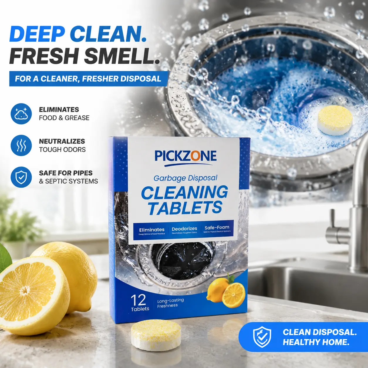 PICKZONE Garbage Disposal Cleaner Deodorizer Tablets - Mineral & Plant-Based, Eco-Friendly, Natural Cleaning Household Kitchen Lemon Foam Sink Garburator Freshener