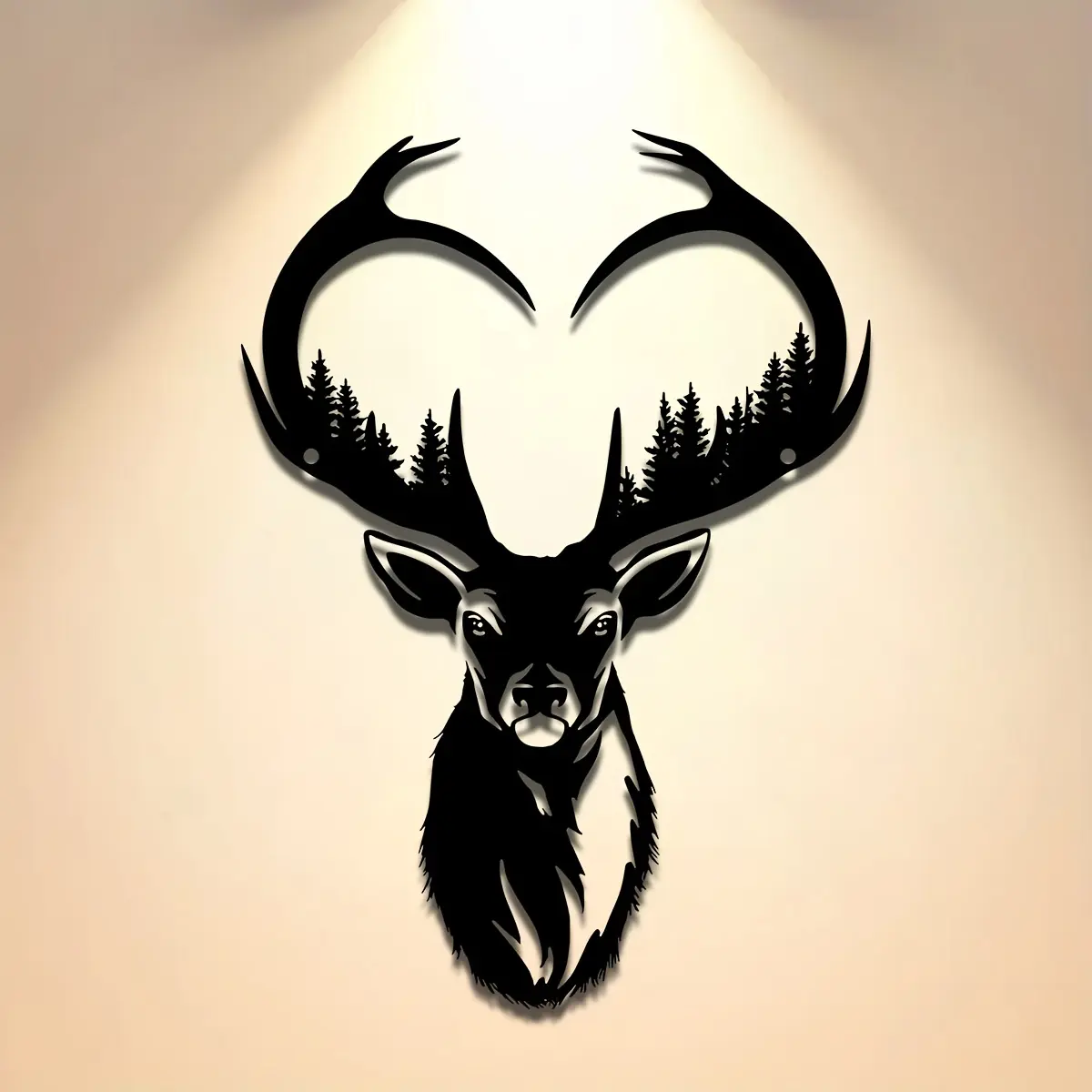 1 majestic deer head metal Wall Art Decoration, Decorative Artwork, black and forest tree silhouette design, suitable for decorating living rooms, bedrooms or cabins, ideal gift for deer enthusiasts