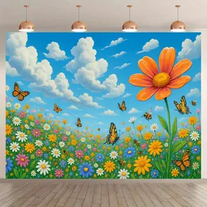 Polyester Floral Print Butterfly Meadow Backdrop - Reusable Summervibes 2D Flat Vibrant Banner with Colorful Daisy and Clouds, for Sunny Spring Garden Birthday Photography, Multi-Size Available