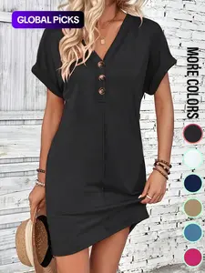 Women's Plain Button V Neck Tee Dress, Casual Chic Outfit Short Sleeve Batwing Sleeve Short Dress for Summer, Fashion Women's Dress, Casual Wear