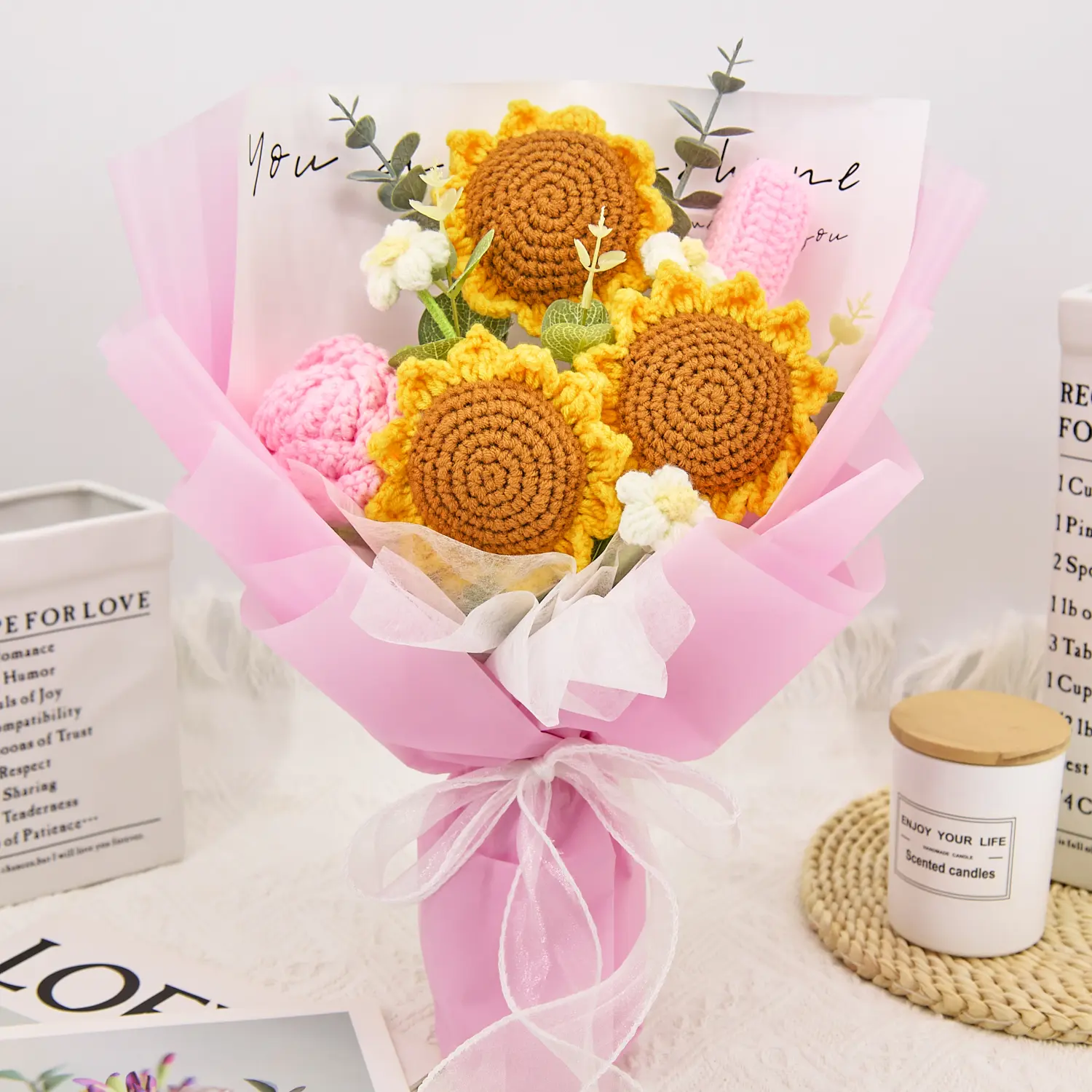Handmade Crochet Flowers Bouquet Gift for Girlfriend Birthday Wedding Anniversary Just Because Graduation Gift with Sunflowers Forever Flowers for Her with Greeting Card US Fast Shipping Elegant Multi Color Home Decor Women's Gift