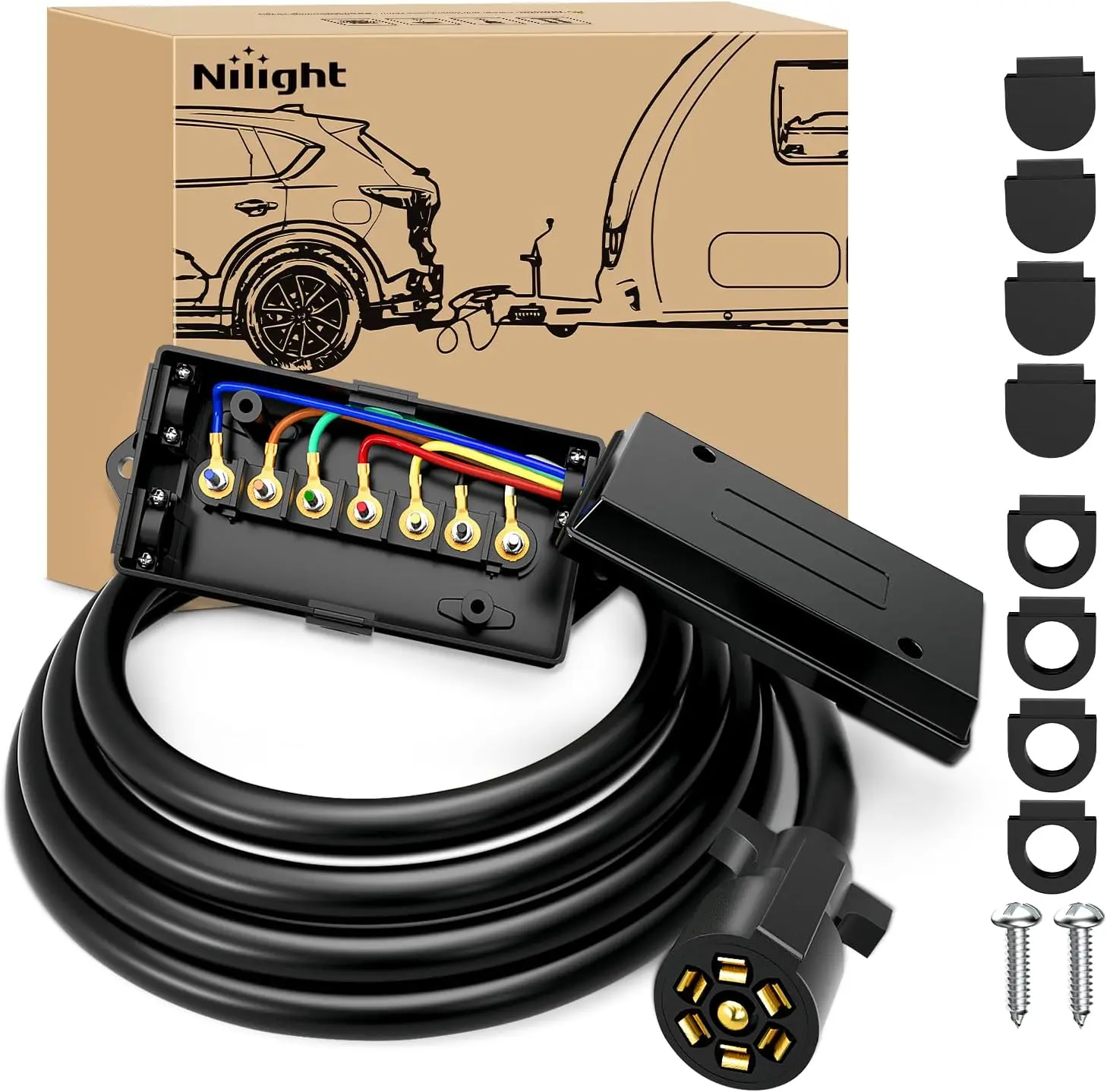 Nilight Heavy Duty 7-Way Inline Trailer Terminal Plug Kit - 8ft Flexible Copper Wire Harness, Waterproof Junction Box, Universal Connector for RV Towing, Wired Jack Lighting,car accessories