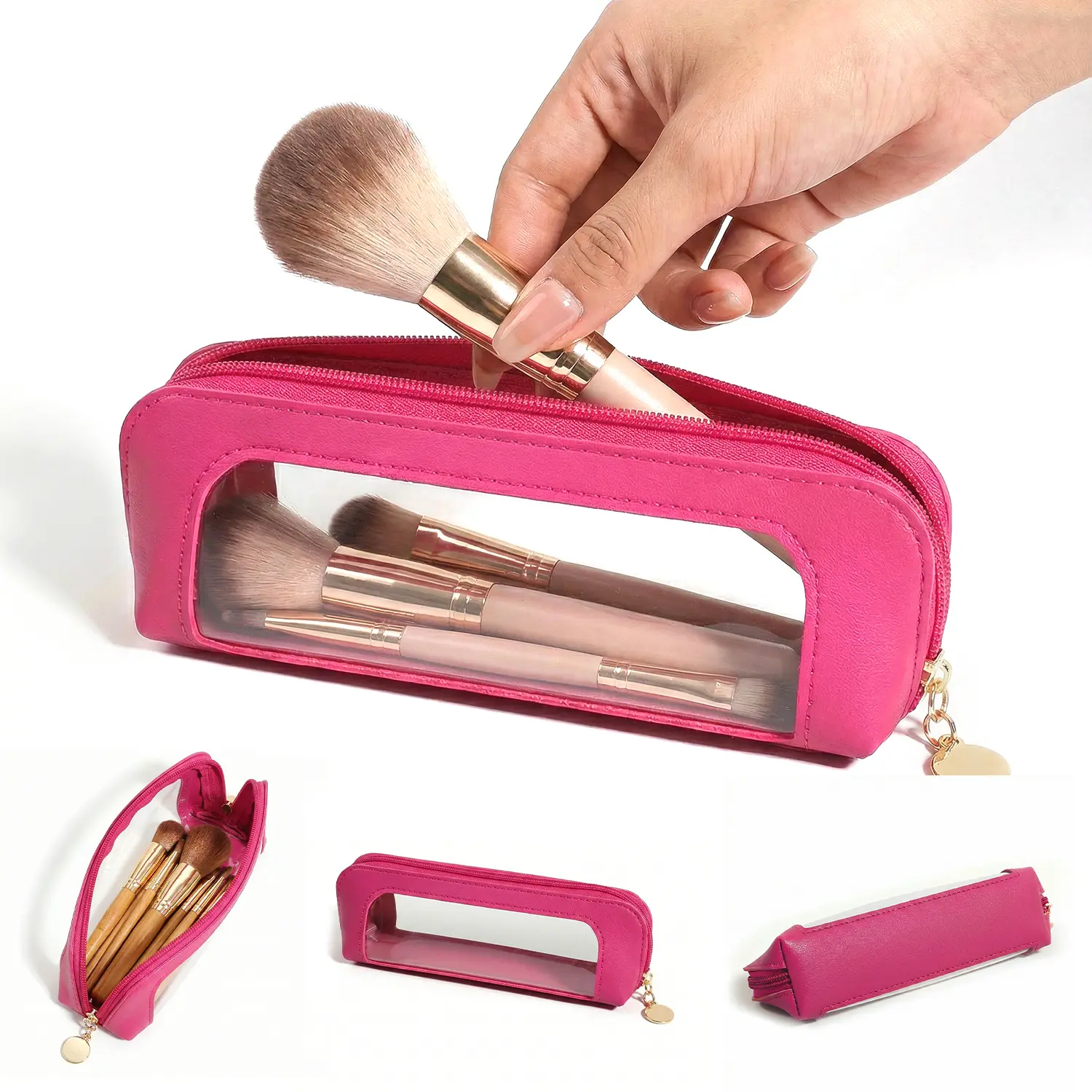 Clear Makeup Brush Bag, Portable PU Leather Cosmetic Pouch with Zipper, Waterproof Travel Organizer for Brushes, Lipsticks & Toiletries