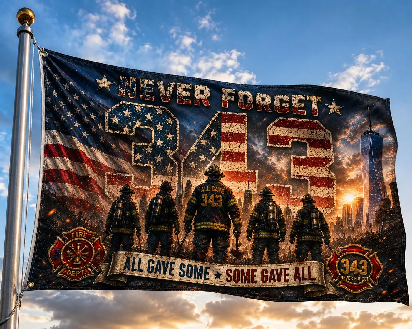 Never Forget 343 Firefighter Memorial Flag, 9/11 First Responder Tribute Banner, Patriotic American Hero Wall Decor