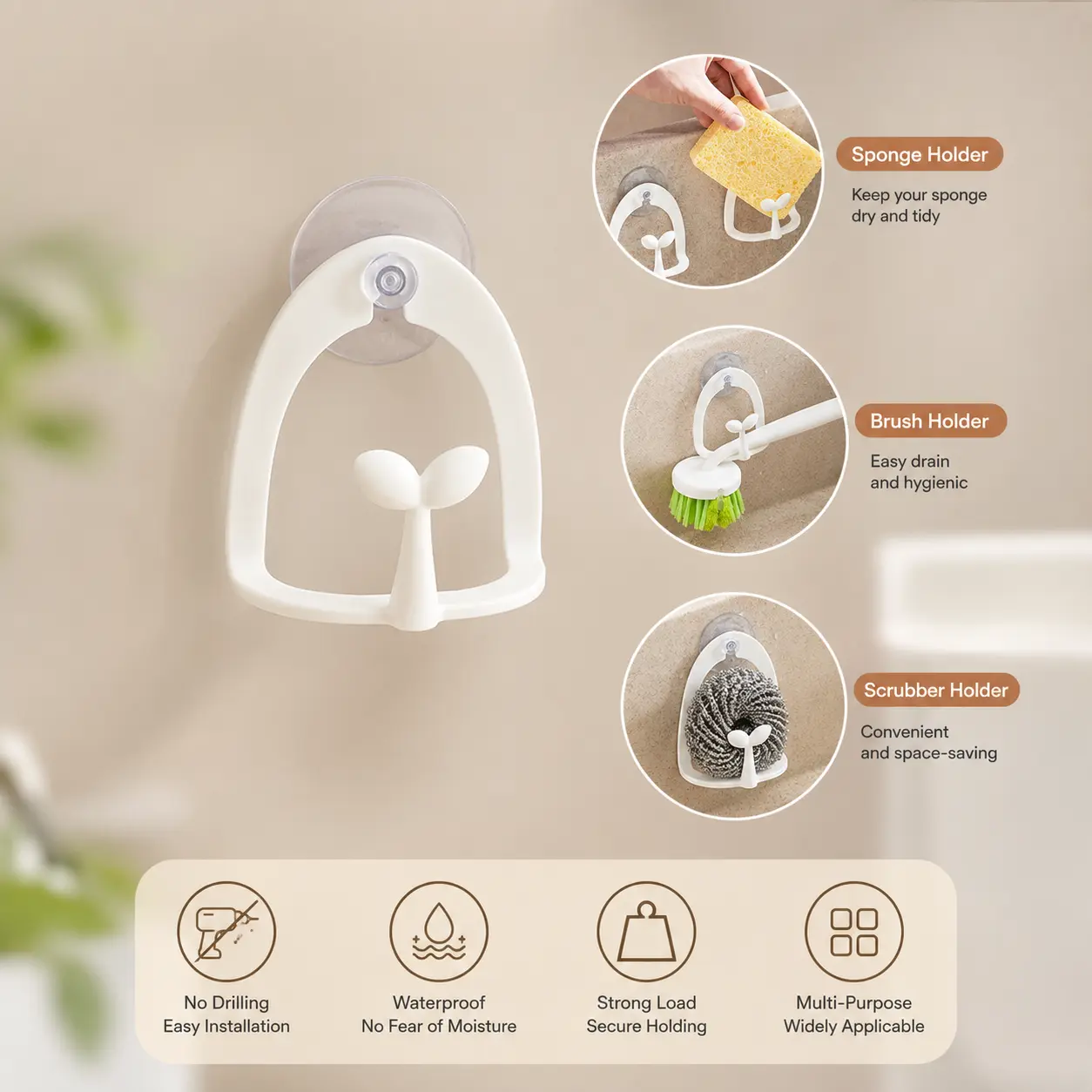 2 Counts, Suction Cup Sink Sponge Holder, Wall Mounted Punch Free Hanger, for Kitchen and Bathroom to Store Cleaning Sponges, Brushes and Bar Soap