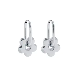 Puffy Flower Oblong Huggie Hoop Earrings - Pair - Stainless Steel