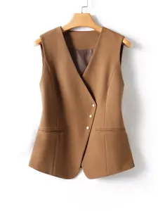 Women's Solid V Neck Button Front Fitted Blazer Vest with Pockets, Casual Sleeveless Vest for Work Office Business Attire Clothes, Ladies Spring & Fall Clothes