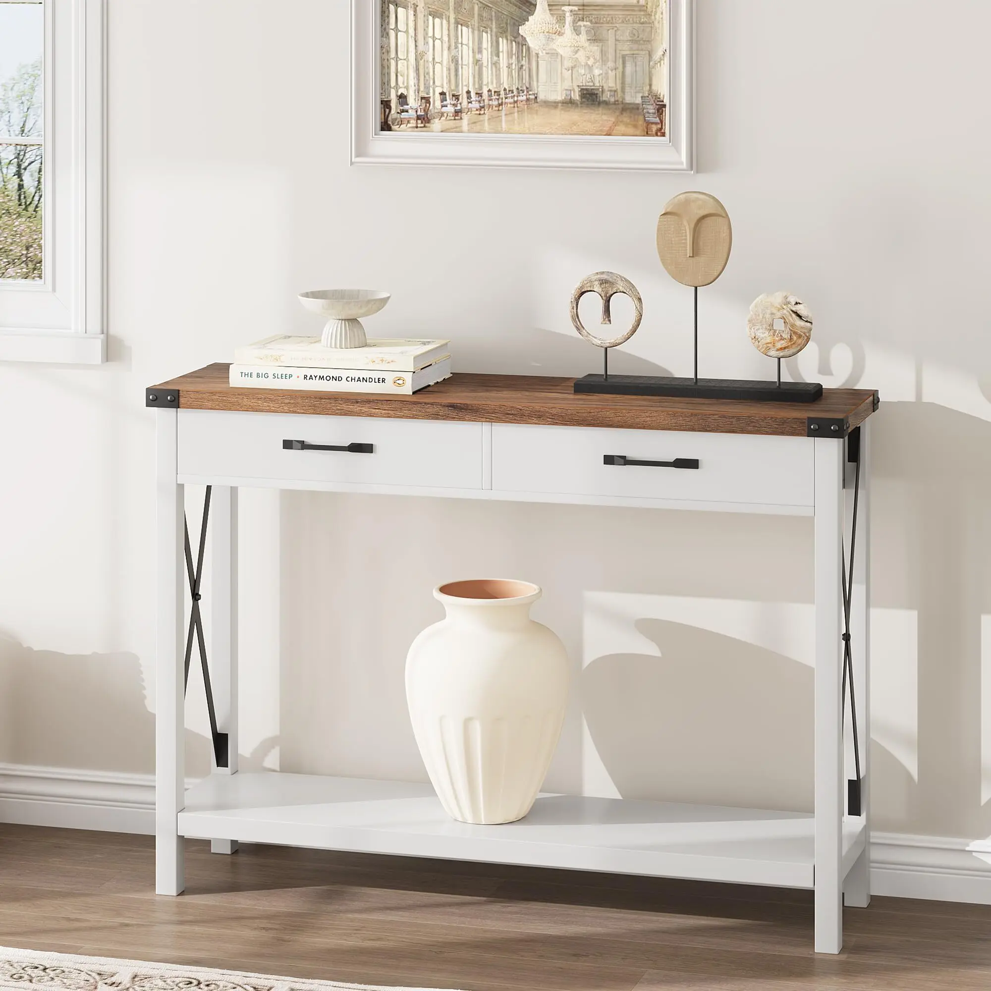 Console Table with 2 Drawers, Farmhouse Sofa Table with Storage Shelf, Accent Wood Entryway Table for Living Room, Hallway, Foyer-Black