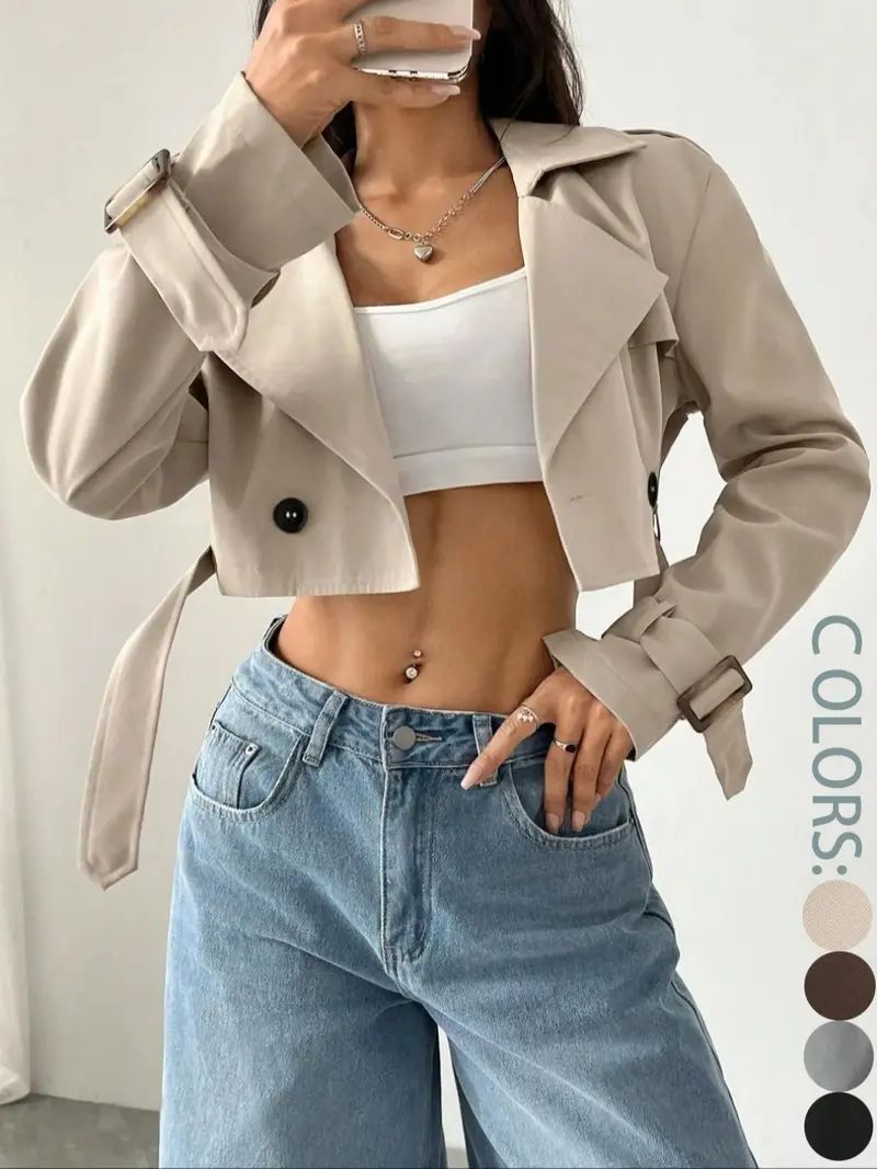 Women's Solid Double Button Belted Lapel Neckline Crop Trench Coat, Casual Long Sleeve Crop Outerwear for Spring & Fall, Women's Clothing for Daily Wear, Lady Jackets