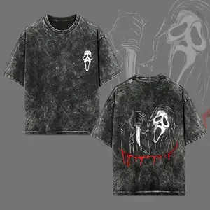 Washed Crew-Neck Summer Casual Unisex T-Shirt; Halloween "Scream" Ghost-Face Graphic Sports Tee; Men'S Trendy Summer Patterned T-Shirt—Comfortable And Breathable, Perfect For Creating A Relaxed Summer Look.