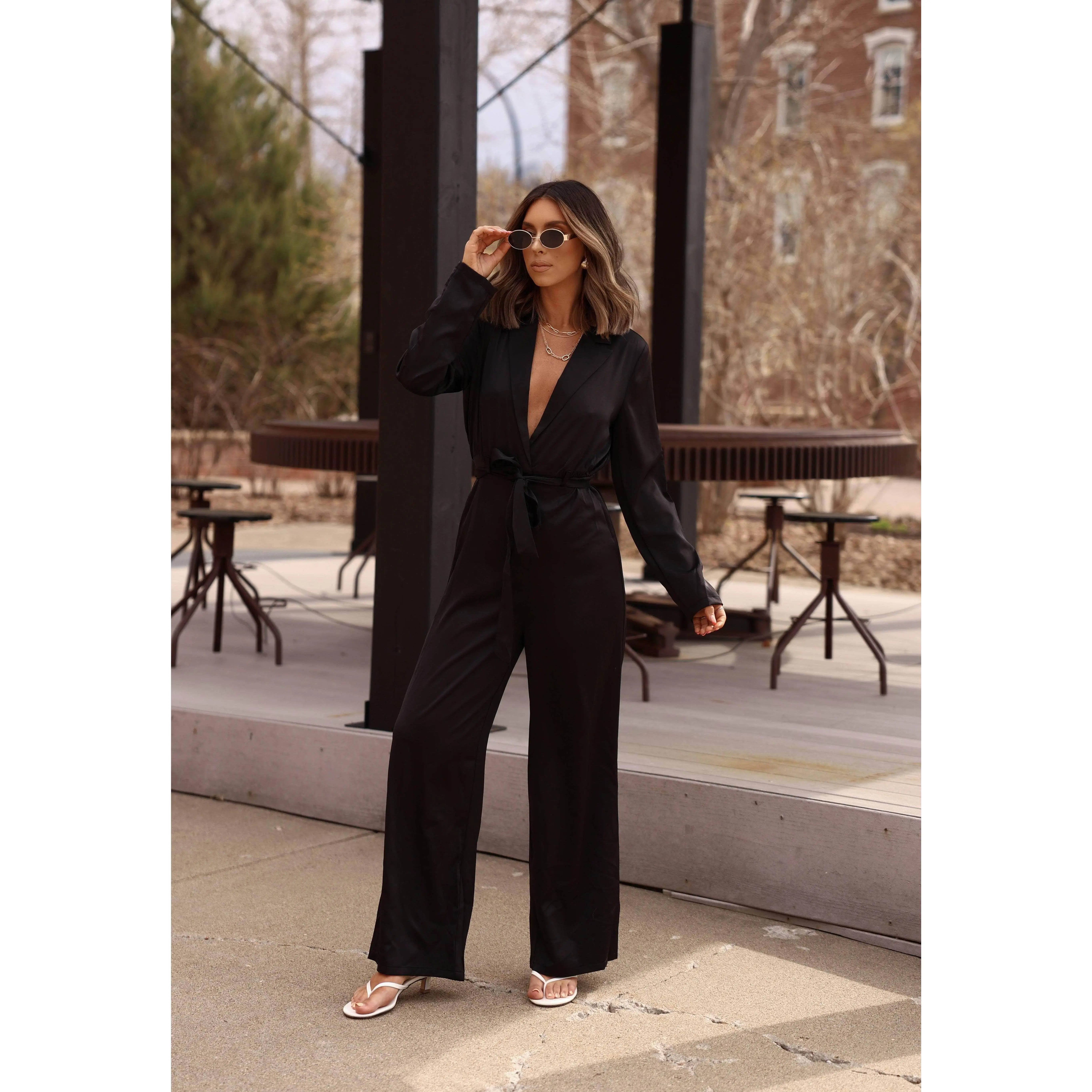 Women's Classy Collared Long-Sleeve V-Neck Snap-Closure Overalls - Wrap-Design Jumpsuit Made with Spandex-Satin Fabric