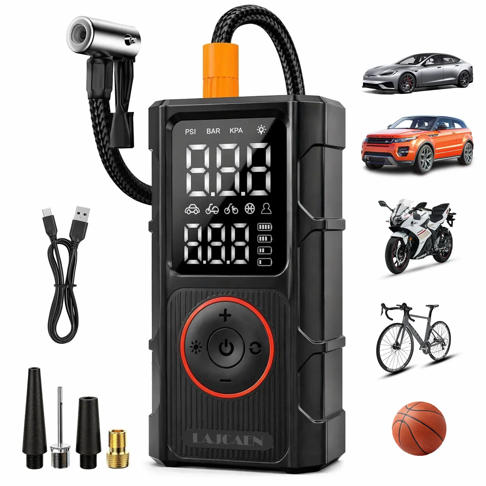 Portable Wireless Tire Inflator Pump, Digital Pressure Gauge & LED Light, USB Rechargeable Air Compressor for SUV, Car, Bike & Motorcycle, Off-Road Use, Tire Inflation Tool
