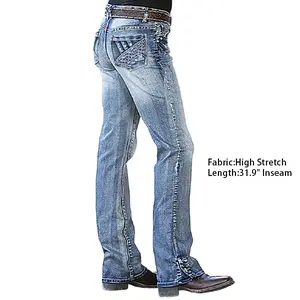Flamingals Mid Waist Bootcut Jeans with Embroidered Pocket & Buttoned Hem High Stretch Denim 31.9" Inseam Without Belt