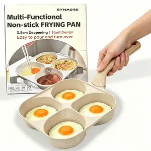 ​​Non-stick Egg Frying Pan, 4 Holes Skillet With Handle, Multifunctional, Wooden Handle Omelet Non-stick Cookware Frying Pan - Aluminum Construction (20 * 20 * 3.5cm, 590g), Beige/Black Options​​