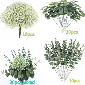 30Pcs Mixed Real Touch Artificial Baby Breath Flowers with Eucalyptus Stems, Faux Gypsophila Greenery Stems, Artificial Flowers Set for Wedding Bouquets, Home Decor, DIY Vase Arrangements, Farmhouse, Party & Bridal Shower Decor