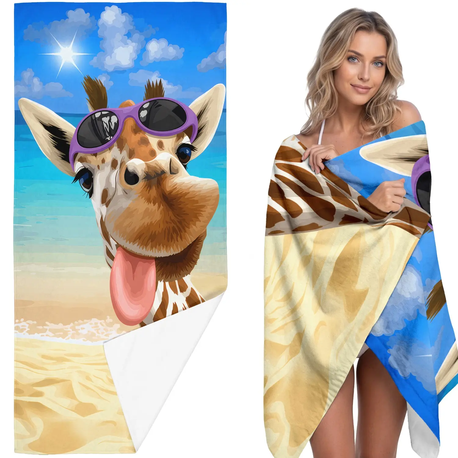 1PC Cute Giraffe Beach Towel, Soft Absorbent Skin-Friendly, Fun Cartoon Pattern, Durable No Fading, Perfect for Family, Animal Lovers, Pool Photos