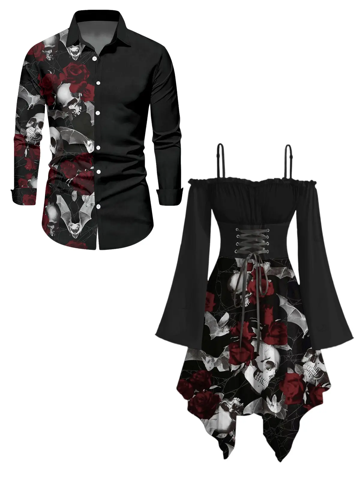 DRESSLILY 2026 Gothic Couple Outfit Women's Skull Rose Print Lace Up Off the Shoulder Asymmetrical Dress and Men's Long Sleeve Shirt Matching Set summerwins