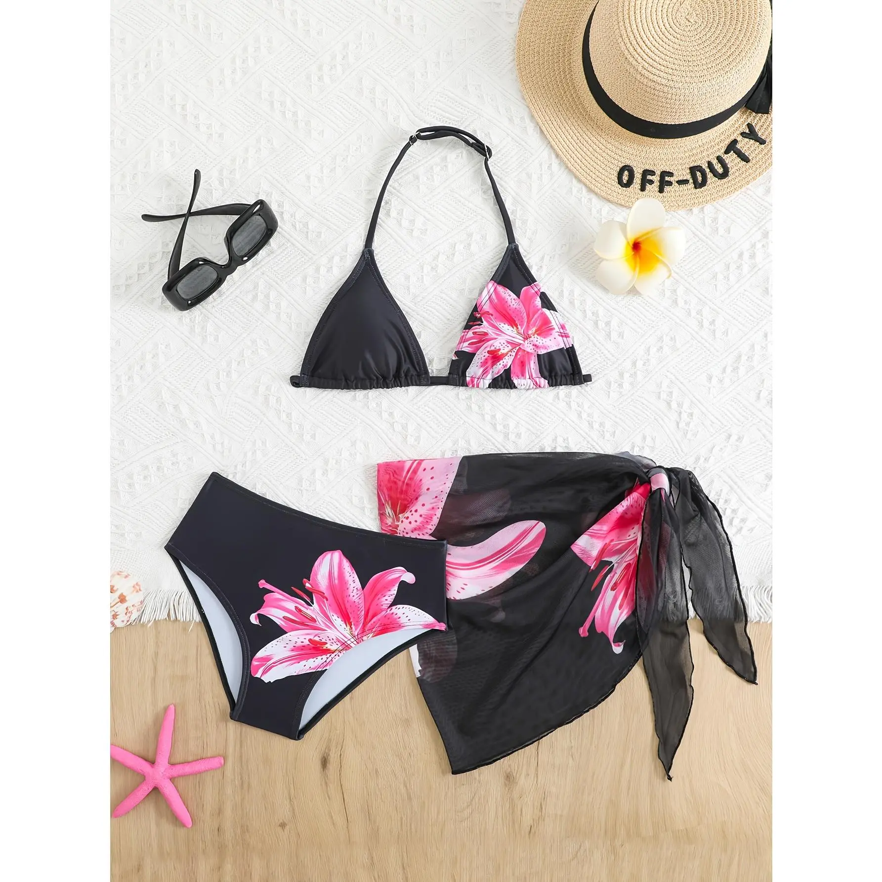 Tween Girls' Floral Triangle Bikini Set with Quick Sarong Wrap, Random Print Beach Swimwear Clothes for Summer Holidays, Bikini Swimsuit Outfit