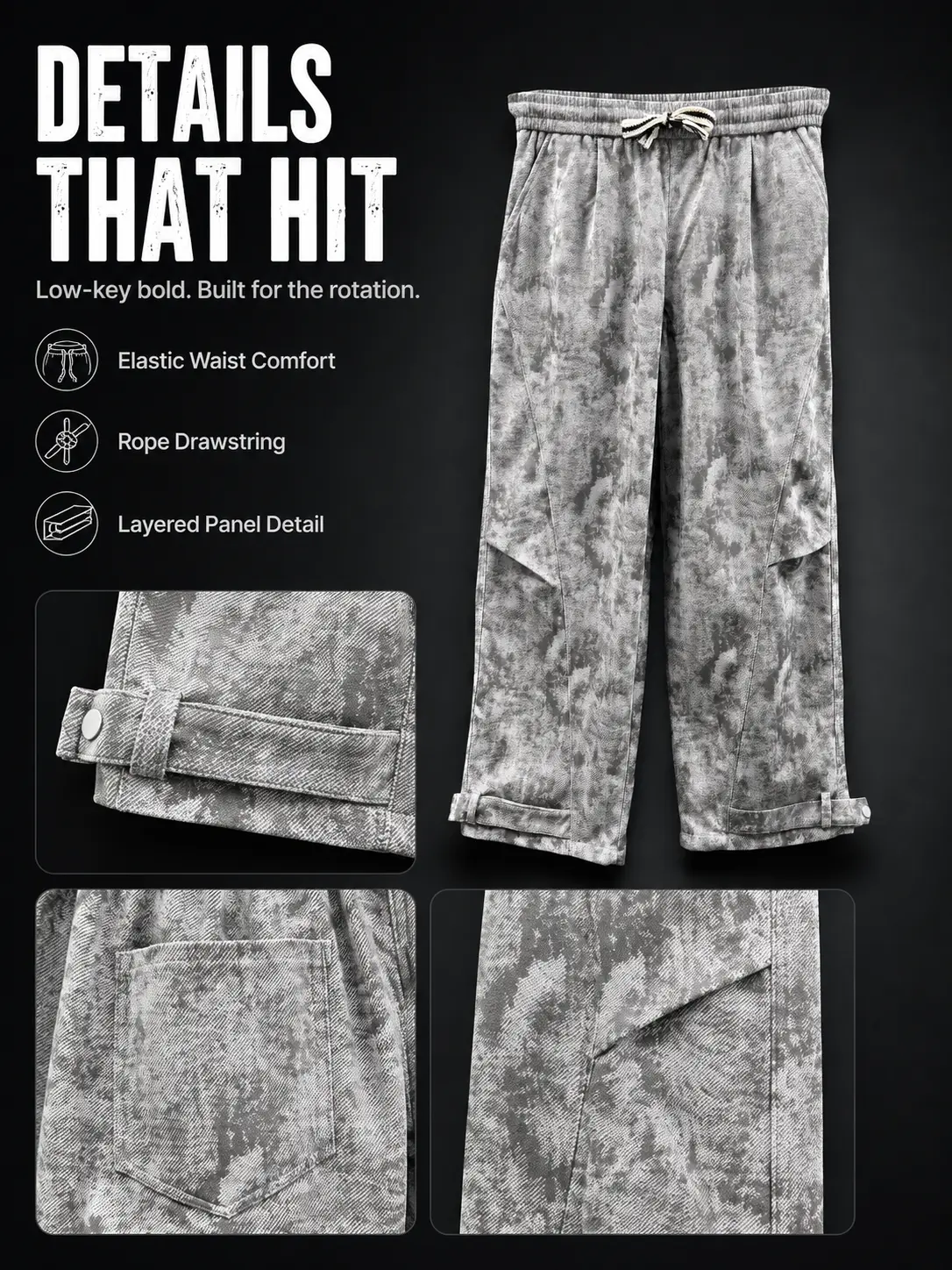 Men's 2-Pack Acid Wash Sweatpants, Wide Leg Straight Casual Sports Pants, Elastic Waist Drawstring Lounge Pants with Side Pockets, Street Dance Workout Running Pants with Snap Button Hem
