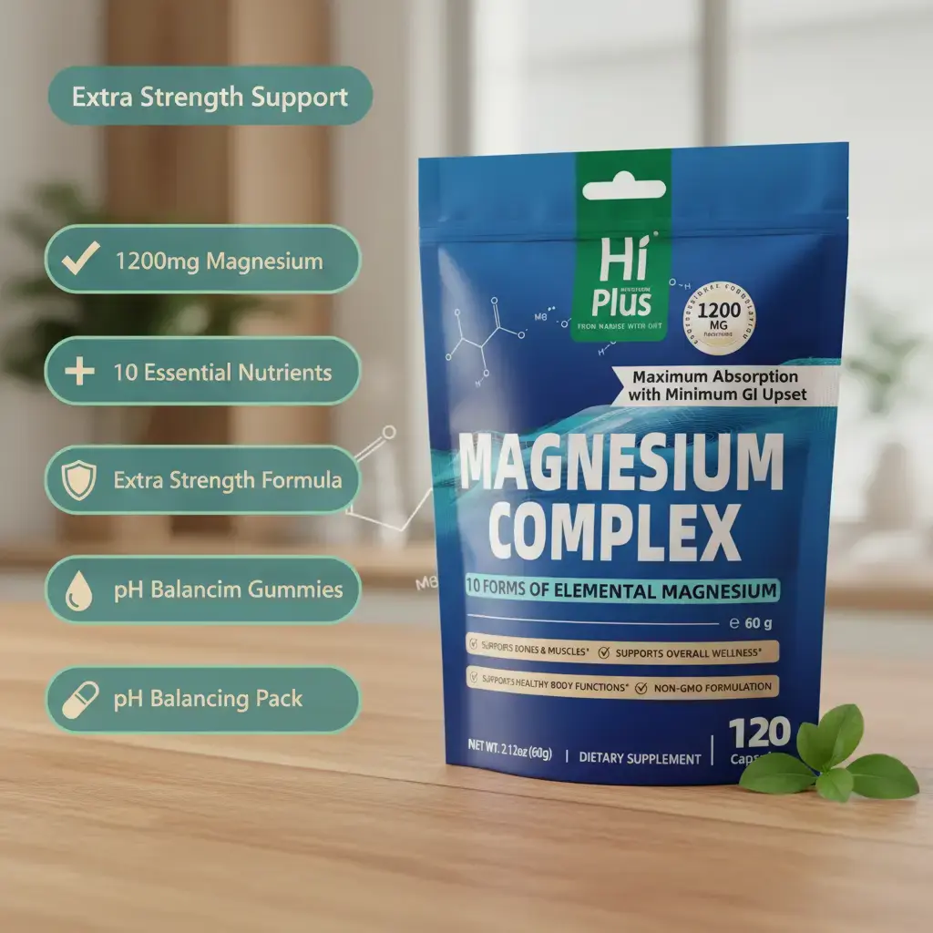 HiPlus 1200mg Magnesium Complex Dietary Supplement - 60g, 120 Capsules with 10 Essential Extra Strength Creatine, Soursop Bitters, pH Balance, Bone Health & Metabolism Support for Adult Healthcare & Fitness Enthusiasts