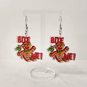 #238 "Bite Me" Gingerbread Man with Candy Cane Earrings- Stainless Steel Hooks- Casual Christmas Jewelry