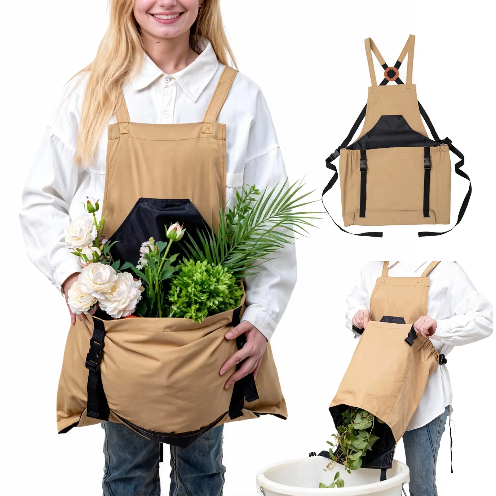 Bamworld Anti-Slip Waterproof Drip-Resistant Apron - Adjustable Strap, Elasticized, Washable Garden Accessory with Large Pouch & Front Pockets for Outdoor Fruit Harvesting, Brown, Customizable Bib Holder Apron, Adjustable Strap Aprons, Anti-Slip Waterproo