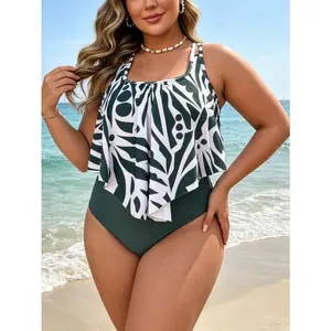 2026 Women's Plus Size Tankini Set, Green & White Abstract Print Ruffle Overlay Top with Adjustable Straps, Solid Green High Waisted Bottom, Two-Piece Bathing Suit for Beach & Vacation