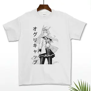 Retro Anime Vibes: Oguri Cap x Uma Musume Manga Tee in Monochrome – Standing Pose with Wind Effect, Soft Cotton Shirt, Cute Menswear Top
