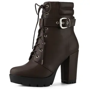 BLISSFUL STEP Platform Ankle Boots Lace Up Block Heels Combat Boots