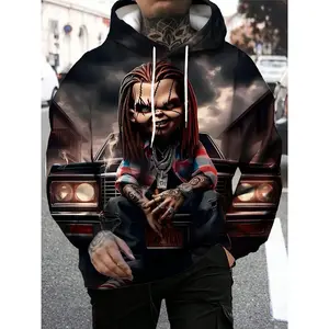 Men's Casual Sports Fashion Trend Fitness Outdoor Home Hooded Sweater, Sweatshirt, Chucky Pattern 3D Printing, Regular Version, Elastic, With Drawstring Pocket, Knitted Fabric, Versatile Styles, Spring Autumn Winter Men's Hooded Sweater, Hoodie Sweatshirt