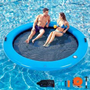 BEZLIVING 6-12FT Round Inflatable Floating Dock, Sunchill Float Ring Water Hammock Tanning Pool Float with Woven Fabric, Manual Pump for Quick Inflate/Deflate, Fits 2-8 People for Lakes, Pools and Oceans