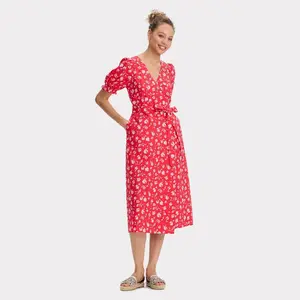 Women's Puff Short Sleeve Midi Wrap Dress - Universal Thread Red Floral S
