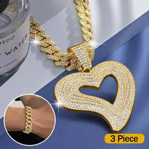 Hip-hop Style Irregular Heart Pendant Necklace with Cuban Chain and Bracelet, Suitable for Women's Birthday Gifts, Holiday Gifts, Christmas Gifts and Party Gifts. Trendy Jewelry