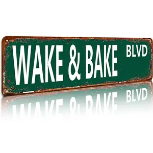 Wake & Bake Blvd Aluminum Metal Sign, 16x4 in Vintage Weed Wall Art Outdoor Plaques, Vintage Plaque Decor for Home, Humorous Gift for Special Occasions