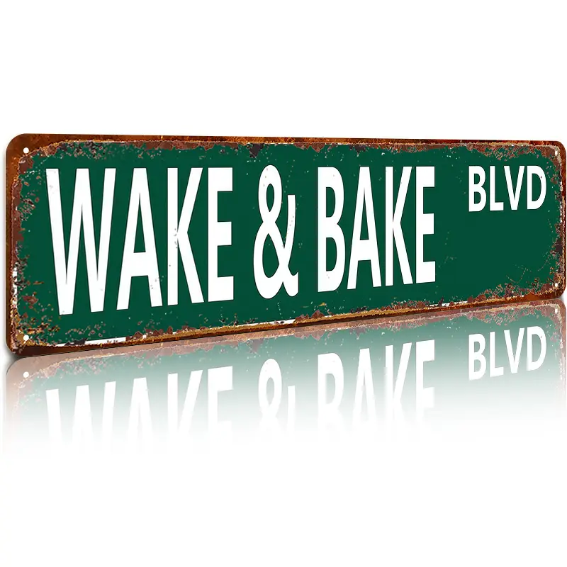 16x4 in Water Resistant Aluminum Retro American Aesthetic Wake & Bake Blvd Metal Sign - Secure Novelty Decor, Home Supplies, Vintage Weed Wall Art Plaque, Daily Home Decor, Humorous Special Occasion Gift, Universal