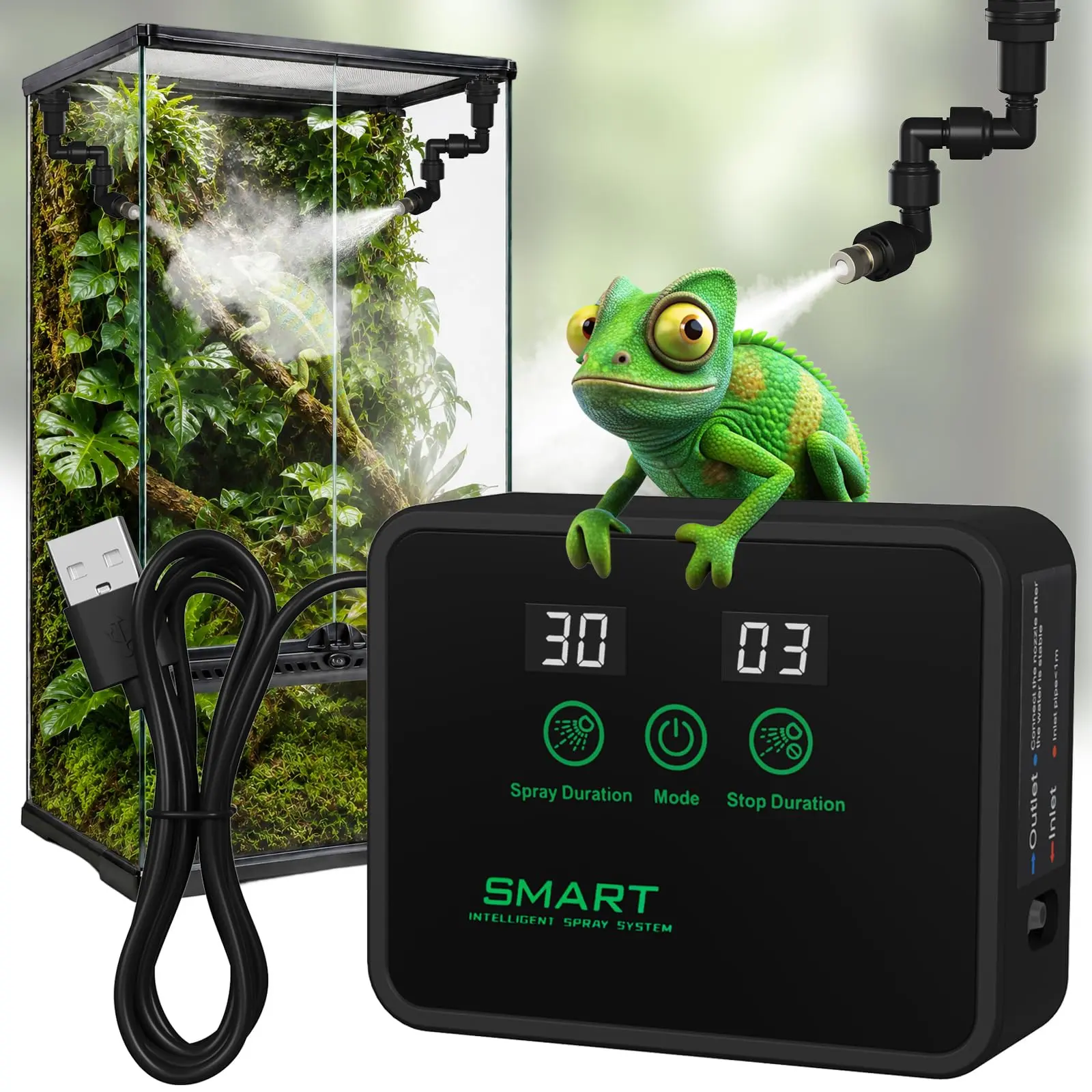 Reptile Mister, Automatic Reptile Misting System with Timer, 360°Adjustable Spray Nozzles, Humidifier for Amphibians Terrariums Rainforest Plants